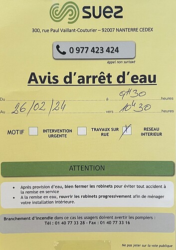 Arrêt d'eau -Suez